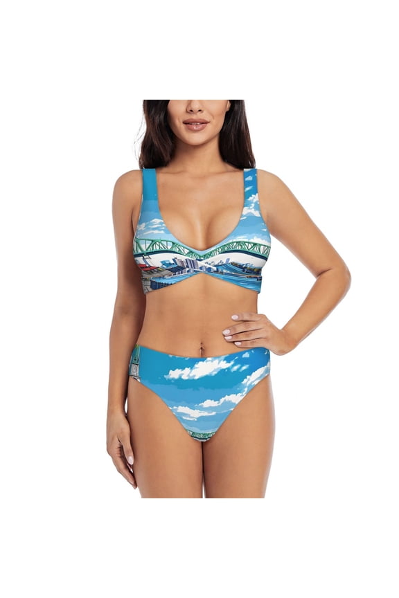 Urban Riverside Clock Tower Print Women's 2 Piece High Waisted Wrap Spaghetti Strap Summer Swimsuit Bikini Set-Large