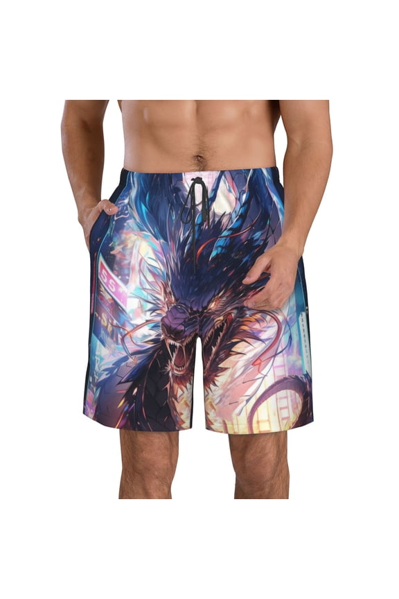 Urban Style Colorful Dragon Pattern Mens Casual Shorts - Drawstring Summer Beach Sports Shorts for Men