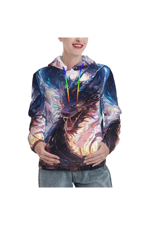 Urban Style Colorful Dragon Print Womens Oversized Hoodies Sweatshirts Hooded Pullover Tops Sweaters Casual-Small