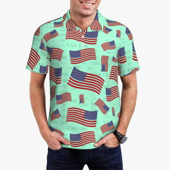 Kdxio Usa Flag Print Men's Short Sleeve Polo Shirt,Midweight Men's Shirt