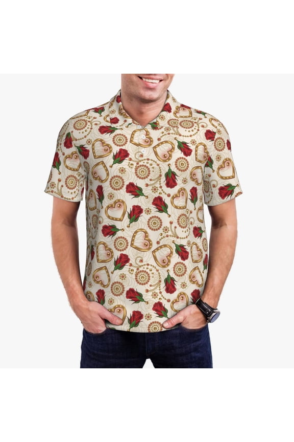 Valentine'S Day Rose Print Men's Short Sleeve Polo Shirt,Midweight Men's Shirt