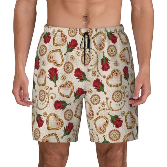 Kdxio Valentine'S Day Rose Print Men's Swim Trunks with Compression Liner 7 Inch Inseam Quick Dry Swim Shorts