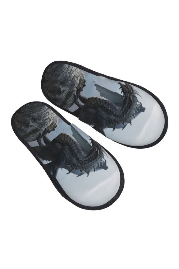 Valley Gray Dragon Pattern Slippers for Women Memory Foam Fuzzy House Slippers Bedroom Non-slip Warm Womens Slippers