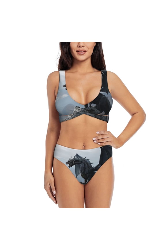 Valley Gray Dragon Print Women's 2 Piece High Waisted Wrap Spaghetti Strap Summer Swimsuit Bikini Set-Medium