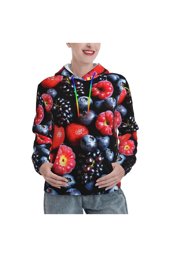 Variety Of Fruits And Berries Print Womens Oversized Hoodies Sweatshirts Hooded Pullover Tops Sweaters Casual-Small