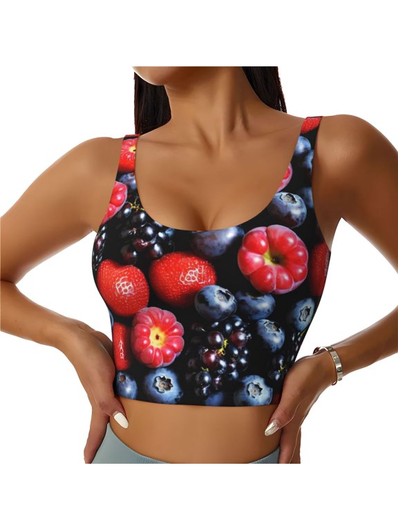 Variety Of Fruits And Berries Print Workout Crop Tank Top for Women Racerback Yoga Tank Tops Athletic Sports Shirts Exercise Undershirts