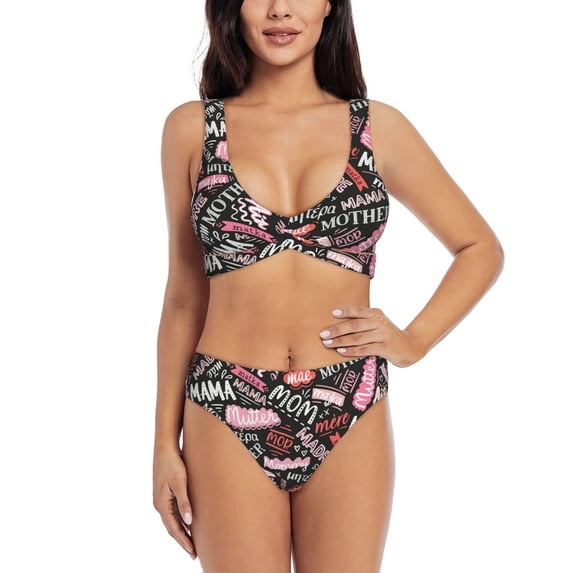 Kdxio Various Languages Mother Print Women's 2 Piece High Waisted Wrap Spaghetti Strap Summer Swimsuit Bikini Set-XX-Large