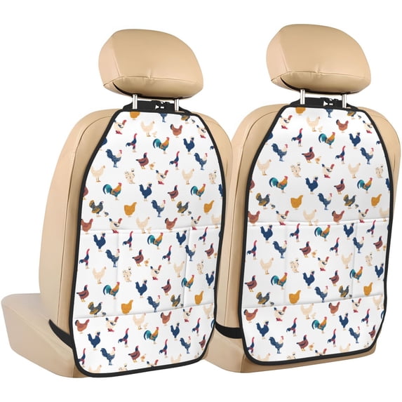 Kdxio Various Rooster Print 2 Pack Car Kick Mat Seat Cover Back Protector Mat with Pockets for Organizer Backseat Protector and Storage Anti Kick Pad for Vehicles