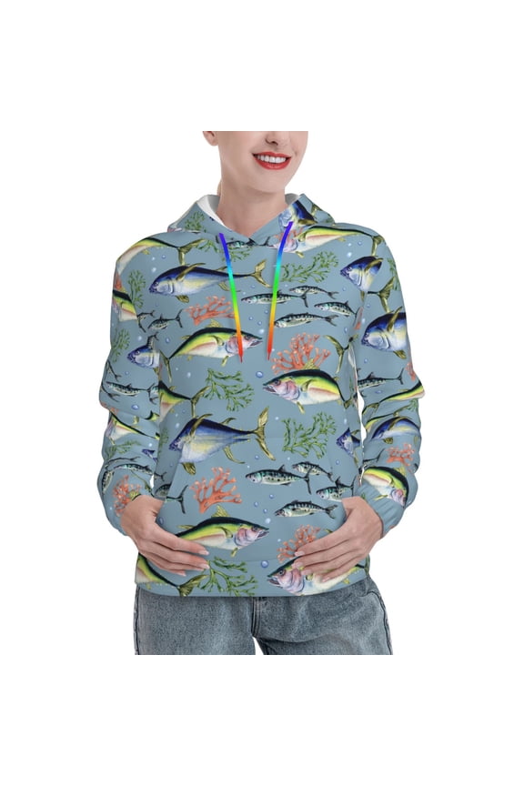 Various Wild Sea Fish Print Womens Oversized Hoodies Sweatshirts Hooded Pullover Tops Sweaters Casual-XX-Large