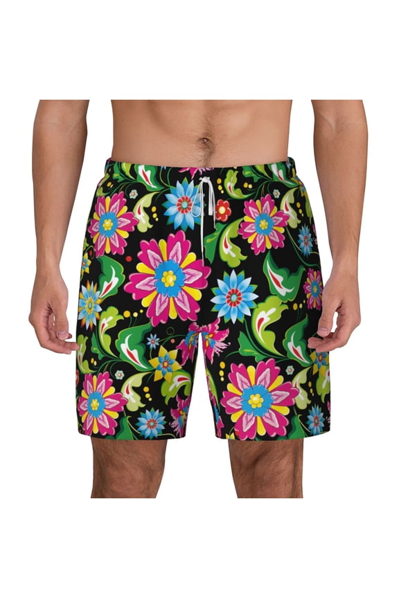 Vector Mexican Otomi Style Bright Print Men'S Swim Trunks With Compression Liner 7 Inch Inseam Quick Dry Swim Shorts