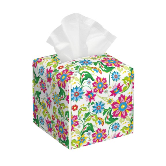 Kdxio Vector Mexican Otomi Style Bright Print Tissue Box Cover,Square Decorative PU Leather Facial Paper Case Organizer Holder Dispenser for Bathroom,Night Stands,Desk,Car 5.2''X5.2''X5.2''