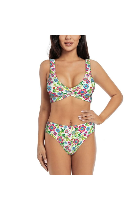 Vector Mexican Otomi Style Bright Print Women's 2 Piece High Waisted Wrap Spaghetti Strap Summer Swimsuit Bikini Set-XX-Large