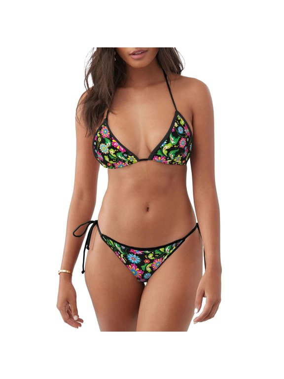 Vector Mexican Otomi Style Bright for Women's Two-Piece Swimsuit Adjustable Ties Removable Cups Beachwear for Pool Vacation