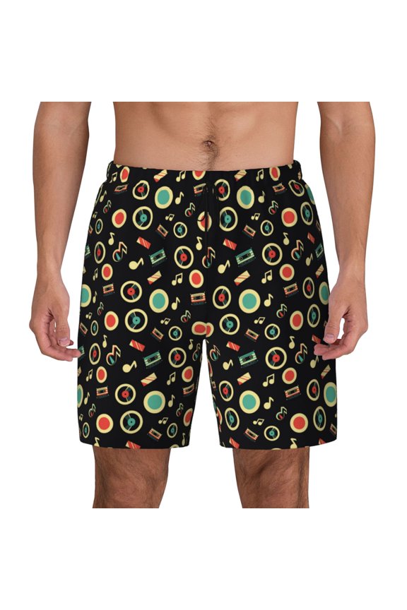 Vector Retro Music Print Men's Swim Trunks with Compression Liner 7 Inch Inseam Quick Dry Swim Shorts