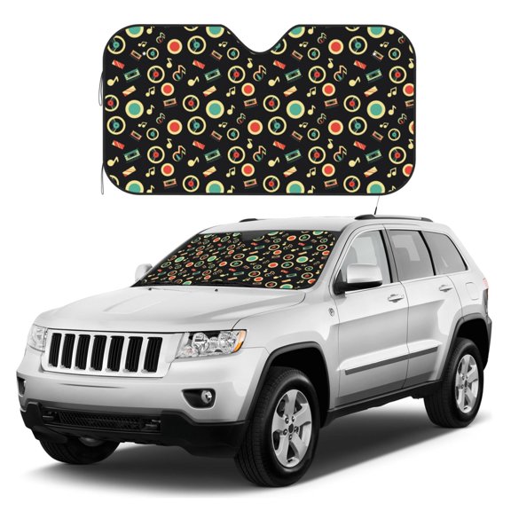 Kdxio Vector Retro Music Print Windshield Sun Shade, Foldable Sun Blocker for Car,Truck,SUV Automotive Interior Sun Protection,Reflective Shade for Front Windshield(Medium)