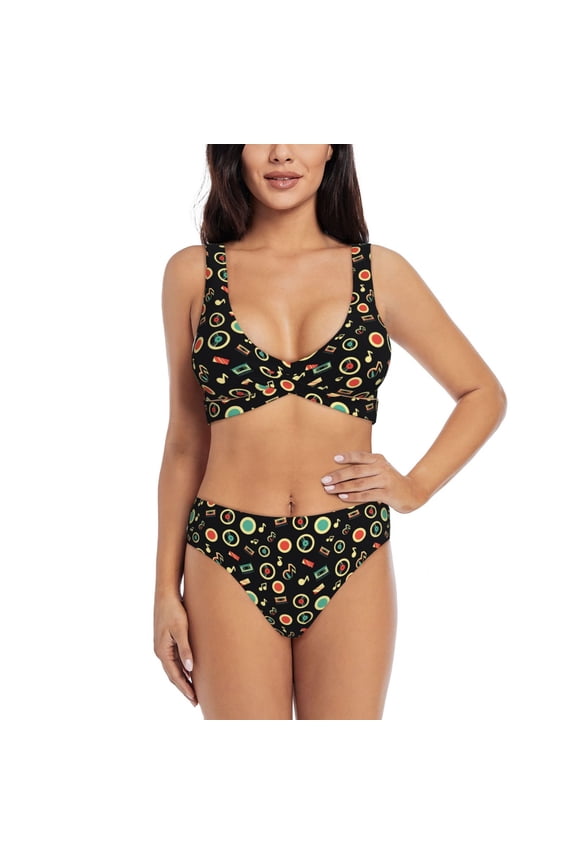 Vector Retro Music Print Women's 2 Piece High Waisted Wrap Spaghetti Strap Summer Swimsuit Bikini Set-X-Large