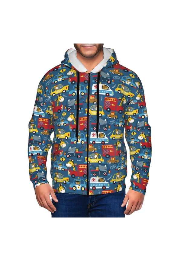 Vehicles Cartoon with Funny Drivers,Animal Drivers Print Men Hoodies Casual Hoodies for Men with Zip Pockets Full Zip Long Sleeve Sweatshirt Sports Hooded Jacket-3X-Large