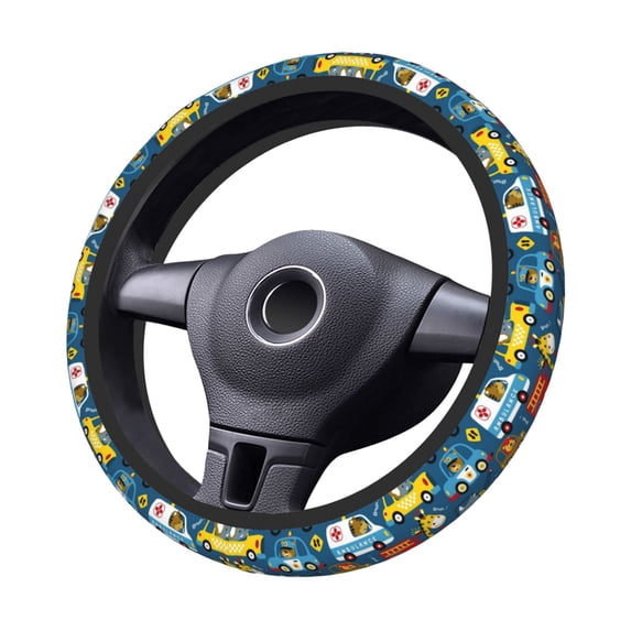 Kdxio Vehicles Cartoon with Funny Drivers Print Elastic Stretch Steering Wheel Cover,Auto Steering Wheel Cover,15 Inch Anti-Slip,Warm in Winter and Cool in Summer,Fit Suvs,Vans Cars,Trucks