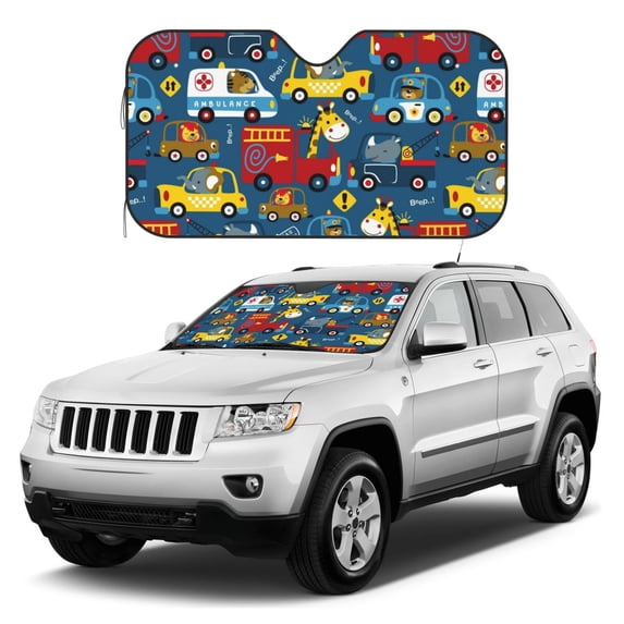 Kdxio Vehicles Cartoon with Funny Drivers Print Windshield Sun Shade, Foldable Sun Blocker for Car,Truck,SUV Automotive Interior Sun Protection,Reflective Shade for Front Windshield(Small)