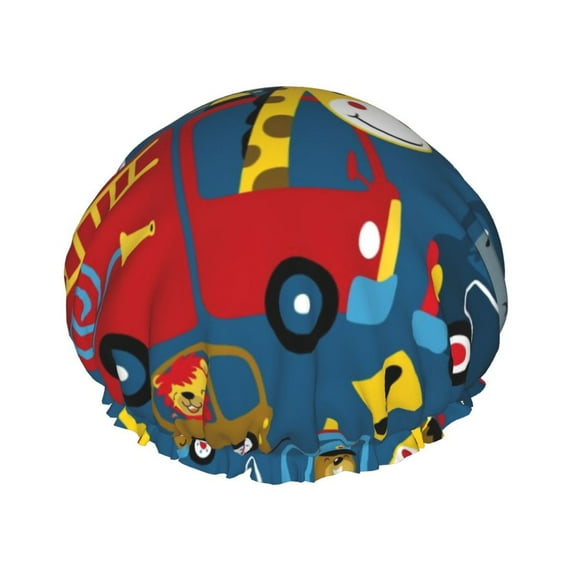 Kdxio Vehicles Cartoon with Funny Drivers Print Shower Cap for Women,Elastic and Reusable,Double Waterproof Layers Bathing Hat