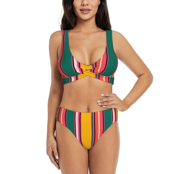 Kdxio Vertical Stripes Print Women's 2 Piece High Waisted Wrap Spaghetti Strap Summer Swimsuit Bikini Set-Medium
