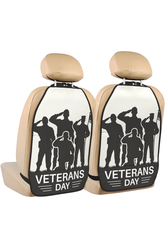 Veterans Day Print 2 Pack Car Kick Mat Seat Cover Back Protector Mat with Pockets for Organizer Backseat Protector and Storage Anti Kick Pad for Vehicles