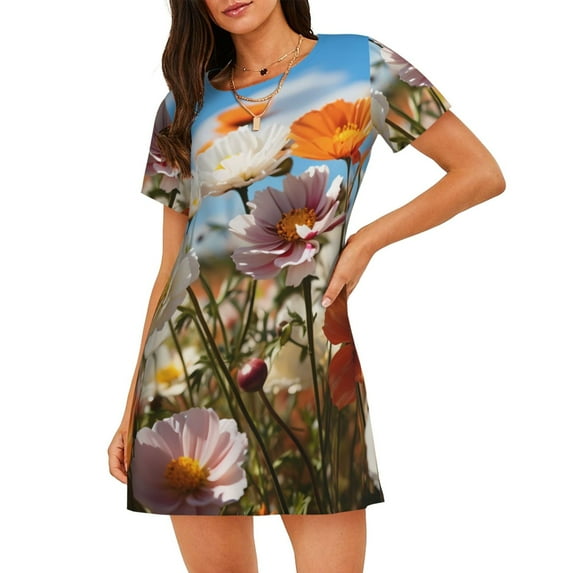 Kdxio Vibrant Field Of Blossoms Pattern Womens Short Sleeve Sleepshirt Scoopneck Cute Nightdress Ruffle Comfy Nightgown