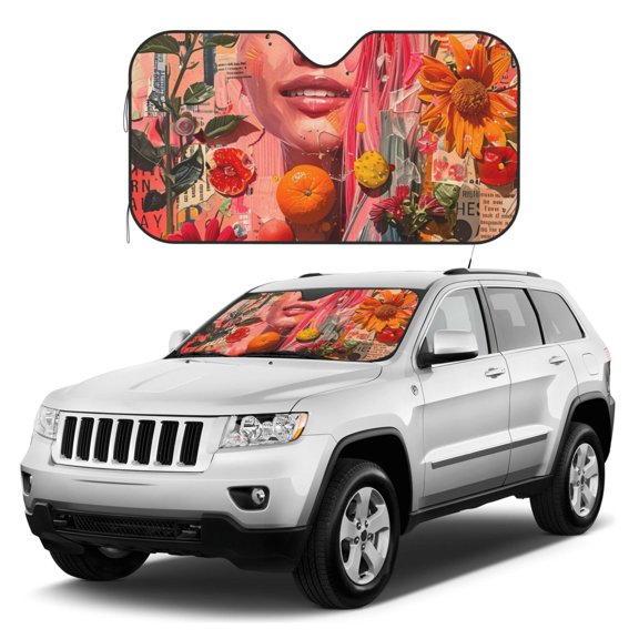 Kdxio Vibrant Floral Collage Portrait Print Windshield Sun Shade, Foldable Sun Blocker for Car,Truck,SUV Automotive Interior Sun Protection,Reflective Shade for Front Windshield(Small)