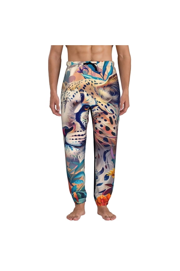 Vibrant Leopard In Flowers Pattern Joggers,Sweatpants for Men with Pockets-Medium