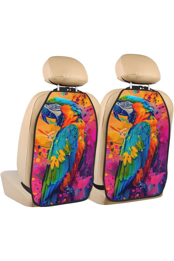 Vibrant Parrot Splash Art Print 2 Pack Car Kick Mat Seat Cover Back Protector Mat with Pockets for Organizer Backseat Protector and Storage Anti Kick Pad for Vehicles