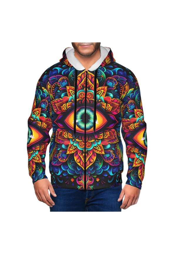 Vibrant Psychedelic Eye Print Men Hoodies Casual Hoodies for Men with Zip Pockets Full Zip Long Sleeve Sweatshirt Sports Hooded Jacket-X-Large