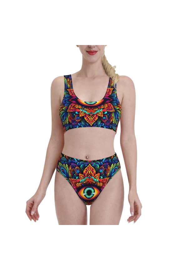 Vibrant Psychedelic Eye for Womens High Waisted Bikini Top Sports Style Two Piece Bathing Suits
