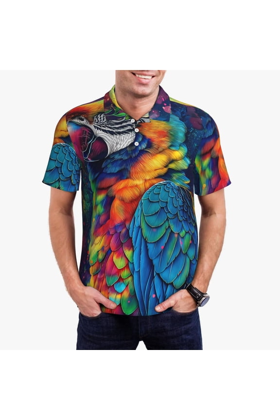 Vibrant Rainbow Parrot Fantasy Print Men's Short Sleeve Polo Shirt,Midweight Men's Shirt-Small
