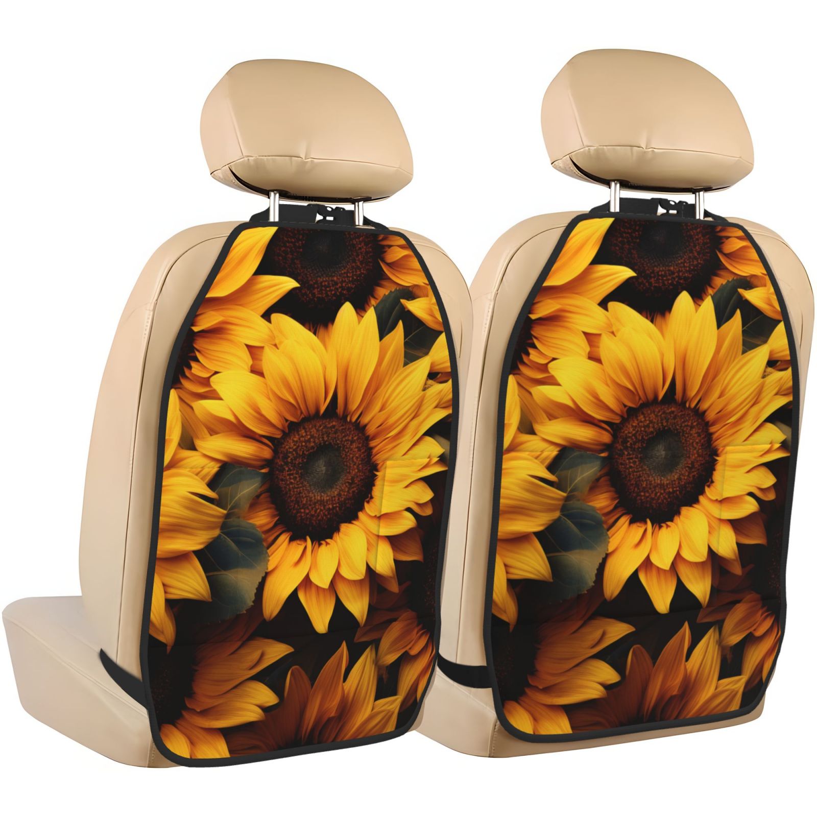 Kdxio Vibrant Sunflower Blooms Print 2 Pack Car Kick Mat Seat Cover Back Protector Mat with Pockets for Organizer Backseat Protector and Storage Anti Kick Pad for Vehicles