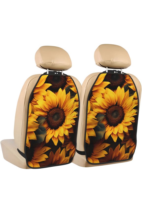 Vibrant Sunflower Blooms Print 2 Pack Car Kick Mat Seat Cover Back Protector Mat with Pockets for Organizer Backseat Protector and Storage Anti Kick Pad for Vehicles