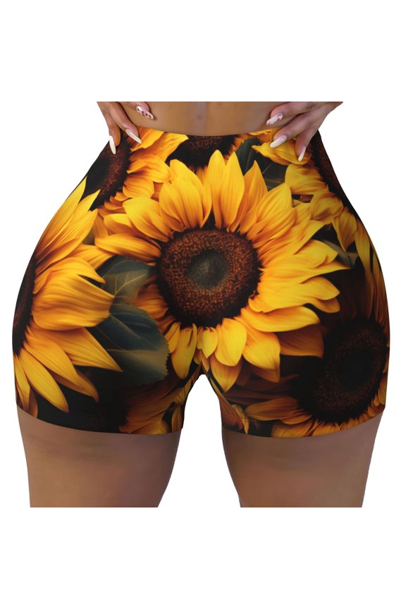 Vibrant Sunflower Blooms Print Workout Shorts for Women Seamless Soft Smooth Gym Yoga Scrunch Active Shorts