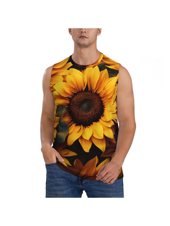 Vibrant Sunflower Blooms for Men's Muscle T-shirt,Sleeveless for Workout Running Athletic Gym Lounge Casual