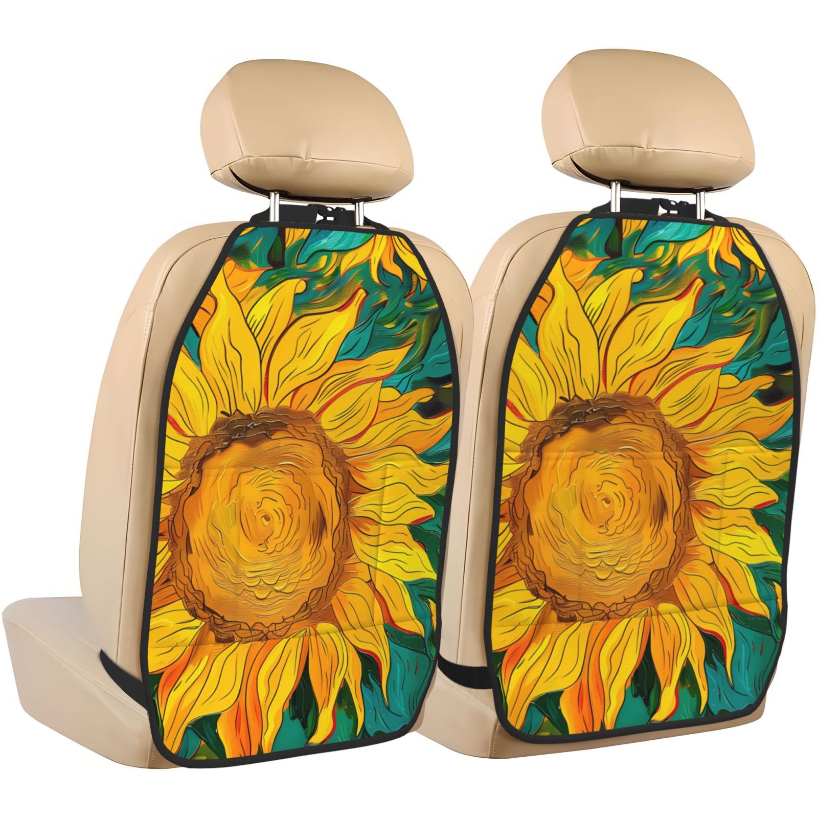 Kdxio Vibrant Sunflower Painting Print 2 Pack Car Kick Mat Seat Cover Back Protector Mat with Pockets for Organizer Backseat Protector and Storage Anti Kick Pad for Vehicles