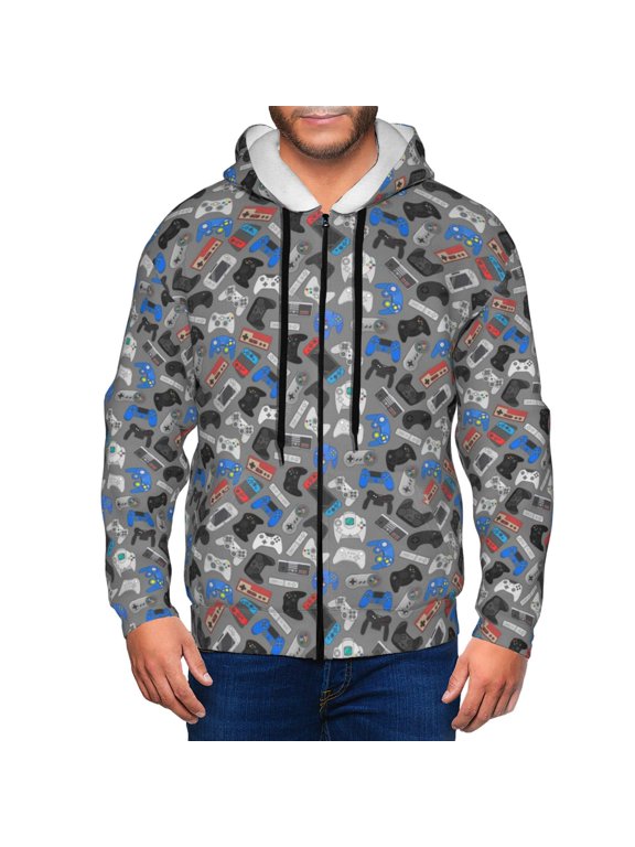 Video Game Print Men Hoodies Casual Hoodies for Men with Zip Pockets Full Zip Long Sleeve Sweatshirt Sports Hooded Jacket-X-Large