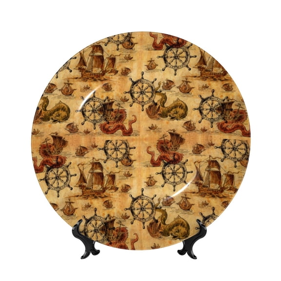 Kdxio Vintag Ancient Sailboats Bone China Decorative Plate Ceramic Decorative Plate for Home Office Wall Stand Decorative Plates for Home Bedroom-8in