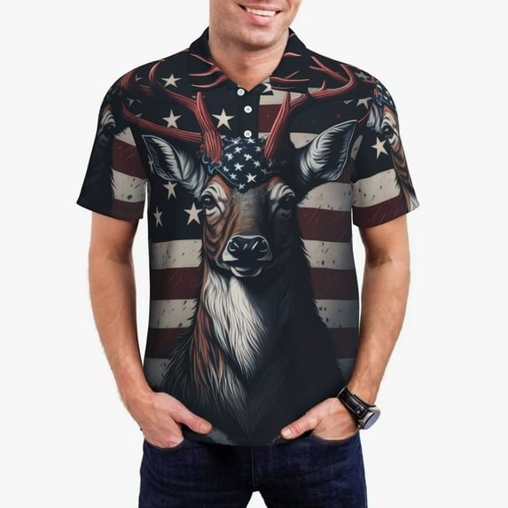 Kdxio Vintage American Deer Print Men's Short Sleeve Polo Shirt,Midweight Men's Shirt-Large