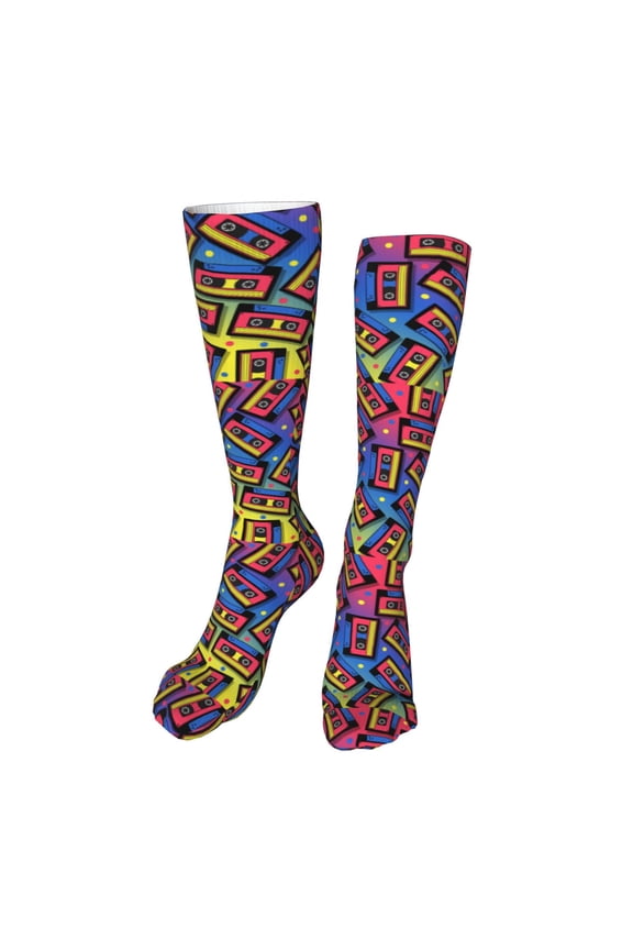 Vintage Audio Cassettes Funny Silky Novelty Funky Long Knee High Socks Soft 3D Print Cosplay Crazy Stockings for Men Women
