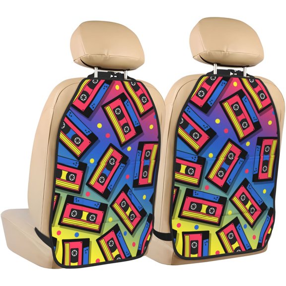 Kdxio Vintage Audio Cassettes Print 2 Pack Car Kick Mat Seat Cover Back Protector Mat with Pockets for Organizer Backseat Protector and Storage Anti Kick Pad for Vehicles