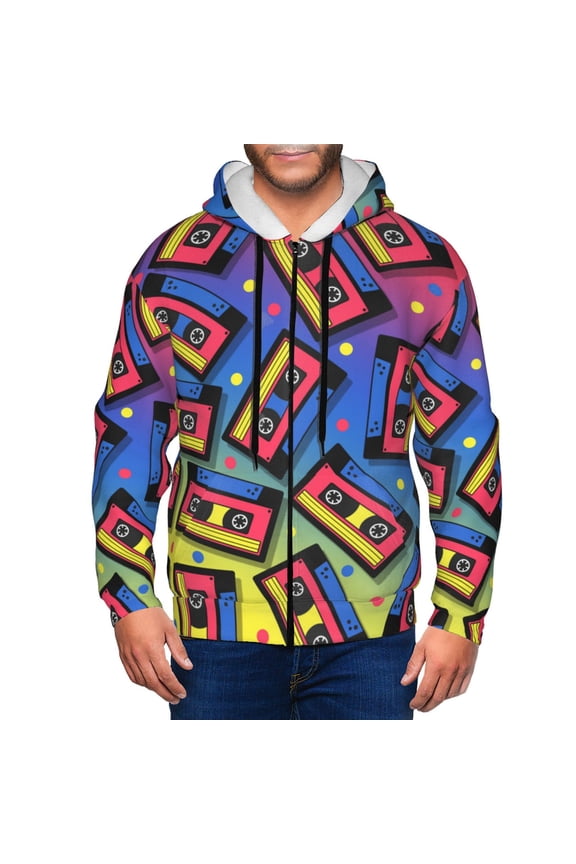 Vintage Audio Cassettes Print Men Hoodies Casual Hoodies for Men with Zip Pockets Full Zip Long Sleeve Sweatshirt Sports Hooded Jacket-Small