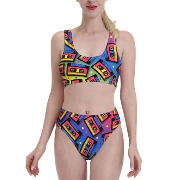 Kdxio Vintage Audio Cassettes for Womens High Waisted Bikini Top Sports Style Two Piece Bathing Suits