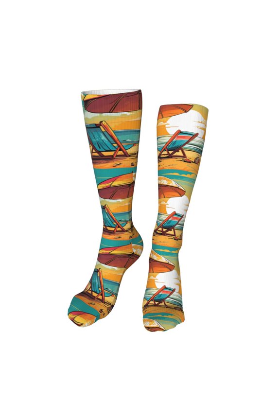 Vintage Beach Sunset Funny Silky Novelty Funky Long Knee High Socks Soft 3D Print Cosplay Crazy Stockings for Men Women