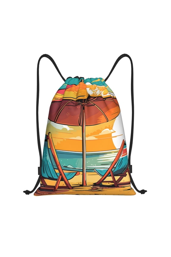 Vintage Beach Sunset Print Drawstring Backpack Bag,Waterproof Draw String Back Sack, Gym Drawstring Bags Swim Bag For Unisex