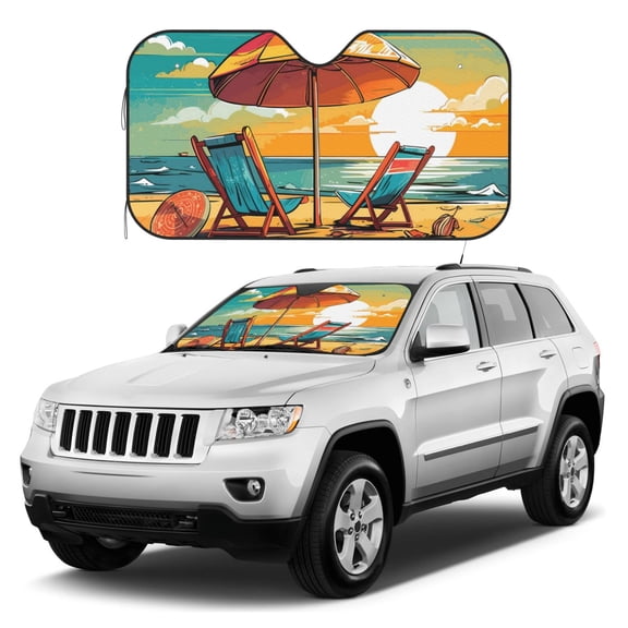 Kdxio Vintage Beach Sunset Print Windshield Sun Shade, Foldable Sun Blocker for Car,Truck,SUV Automotive Interior Sun Protection,Reflective Shade for Front Windshield(Small)
