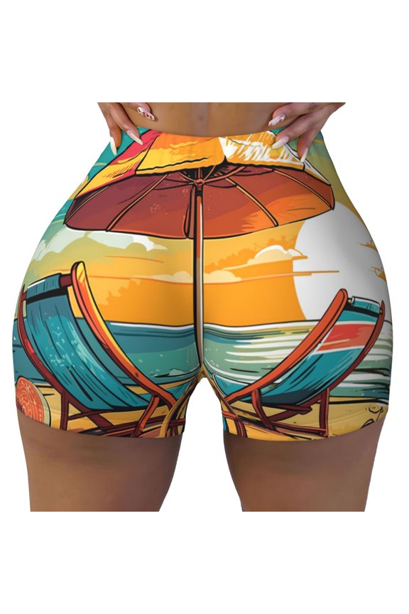 Vintage Beach Sunset Print Workout Shorts for Women Seamless Soft Smooth Gym Yoga Scrunch Active Shorts