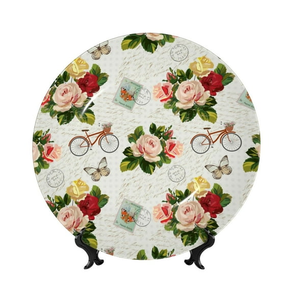 Kdxio Vintage Bike Flower Butterfly Bone China Decorative Plate Ceramic Decorative Plate for Home Office Wall Stand Decorative Plates for Home Bedroom-8in